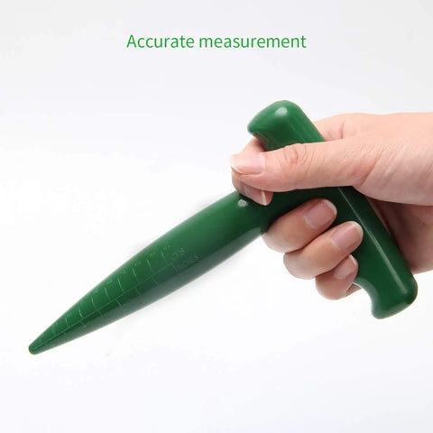 Hand holding green ergonomic grip from Six Pack Seed Sowing Dispenser Set with Adjustable Garden Hand Planter Seeder Tool for Flowers and Veggies