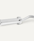 47 Inch Olympic Curl Barbell Bar With Non Slip Knurled Grip Chrome Finish for 2 Inch Weight Plates, close-up of end and knurling.