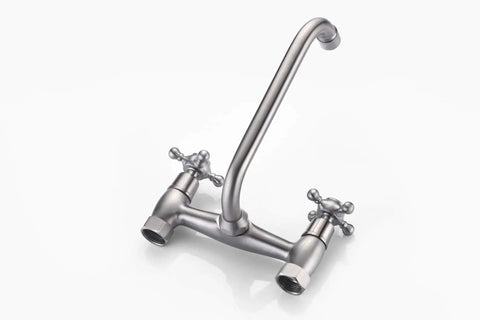 Kitchen Wall Faucet With Two Cross Handles In Brushed Nickel Finish Wall Mounted And Adjustable Spread From Three To Nine Inches