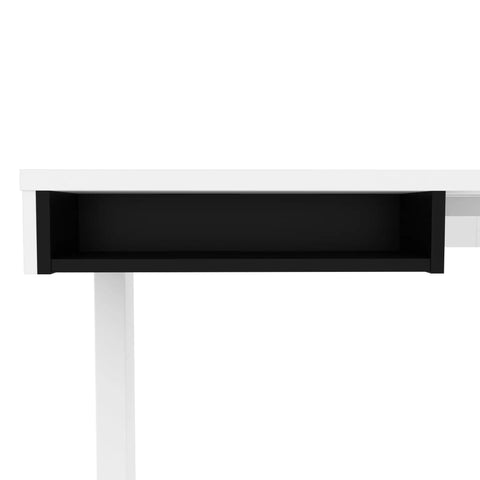 Badass L Shape Standing Desk With Smooth Height Adjustment 72 Inch Wide White And Black Office Workstation featuring a black storage drawer.