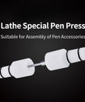 MT2 Morse Taper Lathe Pen Press For Effortless Woodturning Projects And Straight Up Smooth Pen Assembly With Spring Loaded Face, shown from an angle with white components.