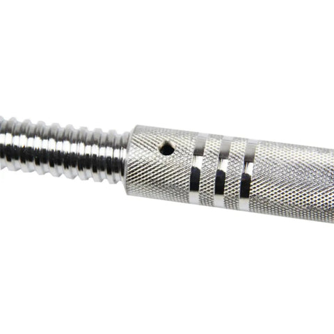 Close-up of non-slip heavy duty dumbbell to barbell adapter for home gym, silver steel tube featuring ultra precision threaded connector.