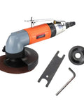 Badass 4 Inch Pneumatic Angle Grinder For Heavy Duty Polishing And Grinding Featuring Front Exhaust Cooling Adjustable Speed Switch And Rugged Metal Spark Guard Cover with metal shield and attachment tools.