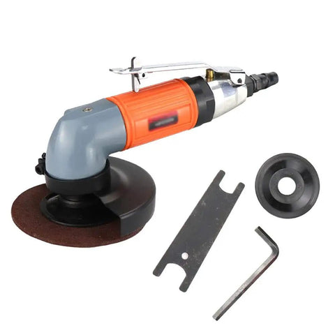 Badass 4 Inch Pneumatic Angle Grinder For Heavy Duty Polishing And Grinding Featuring Front Exhaust Cooling Adjustable Speed Switch And Rugged Metal Spark Guard Cover with metal shield and attachment tools.
