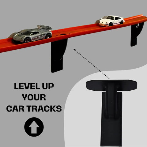 Hot Wheels Wall Track Connectors for toy racetracks on wall with two cars, black connectors, easy install.