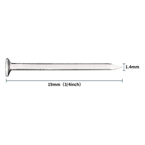 900 Pack Three Quarter Inch Nickel Plated Flat Finish Nails With Rust Proof Coating For Picture Hanging And Diy Woodwork Projects Slides Smooth Right In Whenever You Wanna Knuckle Down On Crafts Or Hang Art Without The Extra Fuss, showing a close-up of a 3/4 inch nickel plated nail with dimensions.