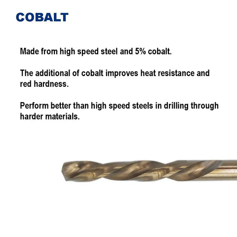 Left Hand Drill Bit Set For Damaged Bolts And Screws, M35 Cobalt, close-up showing cobalt content and drill tip.