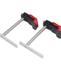 Two Pack Quick Release Hold Down Clamps For Woodworking Beefy Pro Grade Heavy Duty Stainless Steel Bench Dog Clamps with red and black grips