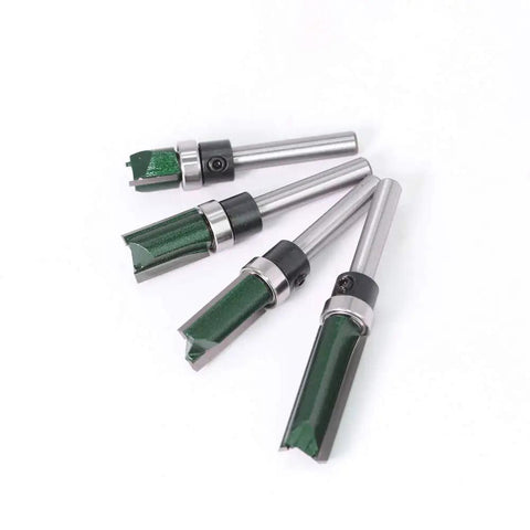 Four Piece Straight Router Bit With Bearing For Flush Trim And Grooving, One Quarter Inch Shank, Top Bearing Template Router Bit Set