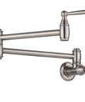 Brushed Nickel Pot Filler Faucet Wall Mount With Double Joint Swing Arms And Two Handles High Flow Brass Stove Faucet For Cold Water Only Eco Friendly Solid Brass Construction