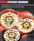Heavy Duty Angle Grinder And Concrete Polisher With Six Speed Settings For Smooth Wall And Floor Finish, High Octane Dust Free Performance On Tough Cement And Hard Marble Surface showing three sanding discs for efficient grinding.
