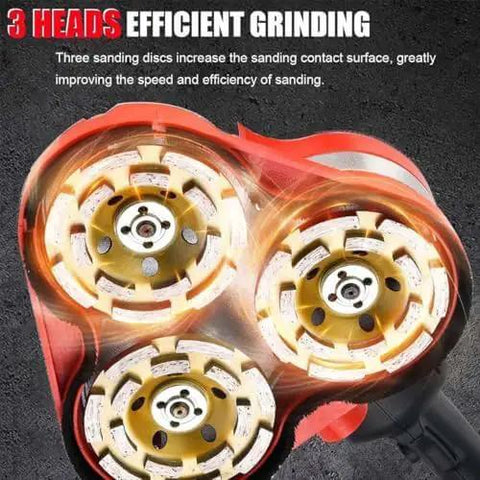 Heavy Duty Angle Grinder And Concrete Polisher With Six Speed Settings For Smooth Wall And Floor Finish, High Octane Dust Free Performance On Tough Cement And Hard Marble Surface showing three sanding discs for efficient grinding.