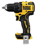 Atomic 20V Max Cordless Drill Half Inch Chuck Tool Only Brushless Motor Variable Speed Trigger Compact Design For Tight Spaces Beast Mode Power And Pro Grade Performance, side view showing black and yellow color with 1/2-inch chuck.