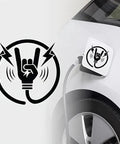 Premium Matte Rock Hand Electric Vehicle Charging Port Decal In Glossy Black Vinyl Featuring Iconic Lightning Bolt Graphic on EV