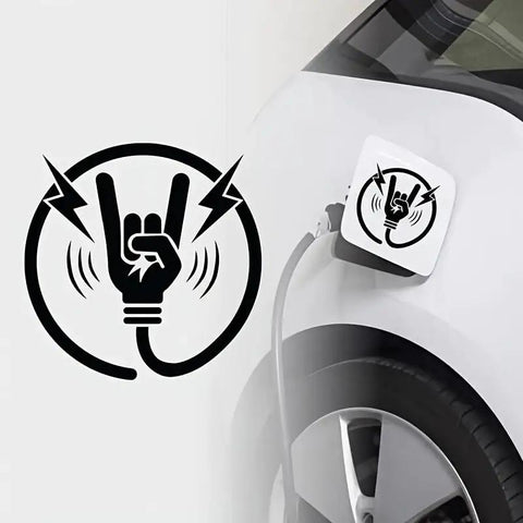 Premium Matte Rock Hand Electric Vehicle Charging Port Decal In Glossy Black Vinyl Featuring Iconic Lightning Bolt Graphic on EV