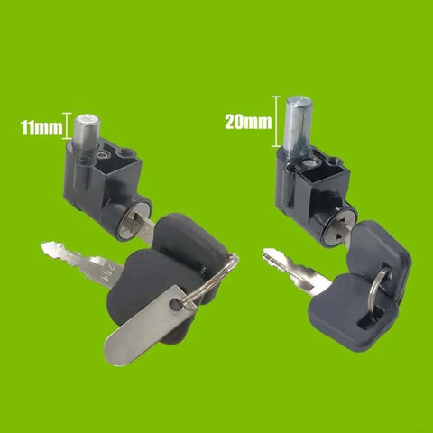 Secure Metal Lock Cover For Hailong E Bike Battery Case Silver Heavy Duty Anti Theft Protection Fits Model 1 Plus Robust Replacement To Keep Your Ride Safe From Thieves. black metal e-bike battery lock cover with 11mm and 20mm pins and keys