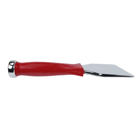 Side view of Extra Wide Carpet Tucker And Stair Tool In Chrome Plated Steel with slip-resistant red handle.