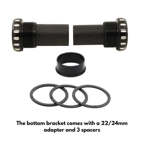 Enduro Grade BSA Threaded Bottom Bracket With Ceramic Bearings 68 To 73mm Shell, adapter and 3 spacers visible