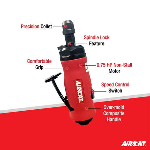 0.75 HP Pneumatic Straight Die Grinder with spindle lock, 20K RPM ergonomic grip, top mounted speed control switch