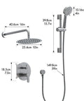 Shower Faucet System, 10-Inch Round Head with 5-Spray Handheld, Brushed Nickel dimensions and components shown.