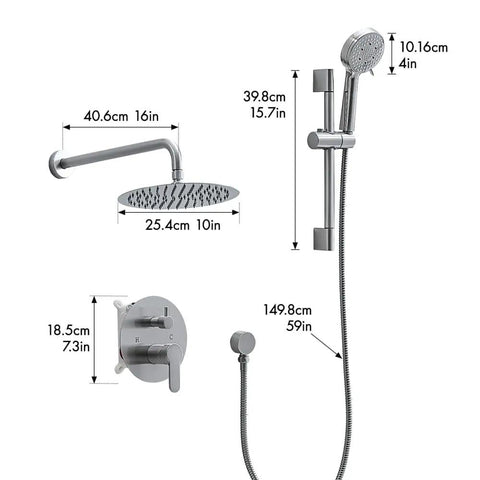 Shower Faucet System, 10-Inch Round Head with 5-Spray Handheld, Brushed Nickel dimensions and components shown.