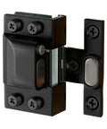 Boss Level Stainless Steel Hydraulic Glass Door Hinge Offering No Hassle U Shape Clip Installation And Smooth Operator Soft Close Action For Frameless Doors In Sleek Black close-up view showing hinge mechanism and mounting screws.