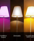 Smart WiFi Color Changing LED Bulbs A19 showing 16 million colors, dimmable mode, and tunable white from 2500K-6500K