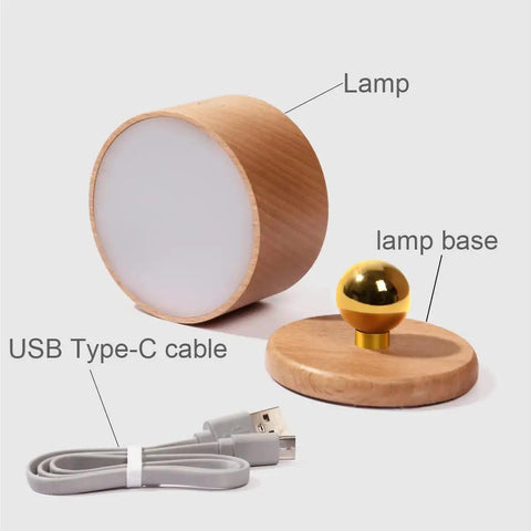 Wireless Wall Mounted Reading Light Two-Pack With USB Charging Port, Rechargeable Battery, wooden base, USB-C cable shown