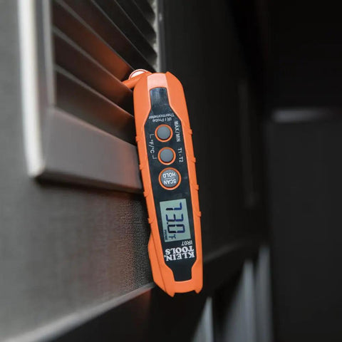 IR07 Dual Infrared And Probe Pocket Size LCD Digital Thermometer with 8 to 1 distance-to-spot attached to metallic surface