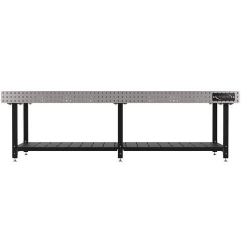 Heavy Duty Welding Fixture Table With Precision Laser Cut Grid Holes And Adjustable Levelers Built Hella Sturdy For Knocking Out Big Shop Builds 120 By 60 By 36 Inches, side view showing sturdy steel frame and laser-cut surface.