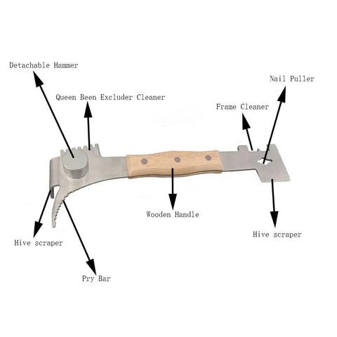All-In-One Beekeeping Steel Hive Tool with Wooden Handle, showing 7 functions including scraper, J hook, and frame lifter.