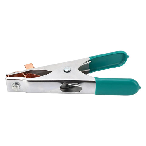Super Heavy Duty 300A Welding Ground Clamp With Premium Copper Build for Rock Hard Grip And High Current Stability In Submerged Units Plus Extra Strong Conductor For Any Serious Job Worth Doing, showing copper clamp with teal grips.