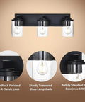 Modern 3 Light Vanity Light Fixture in Black With Clear Glass Shades for Bathroom Wall Over Mirror Rustic Farmhouse Sconce