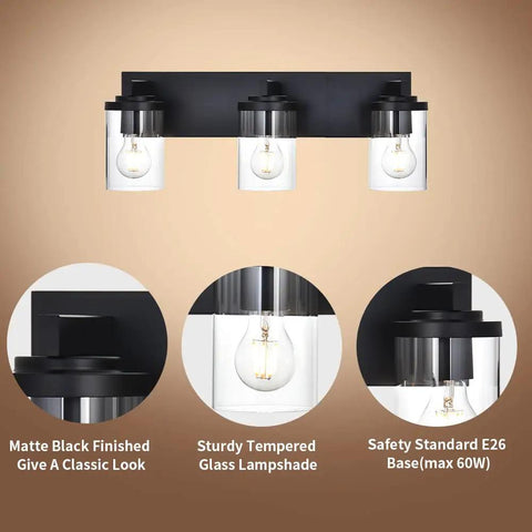 Modern 3 Light Vanity Light Fixture in Black With Clear Glass Shades for Bathroom Wall Over Mirror Rustic Farmhouse Sconce