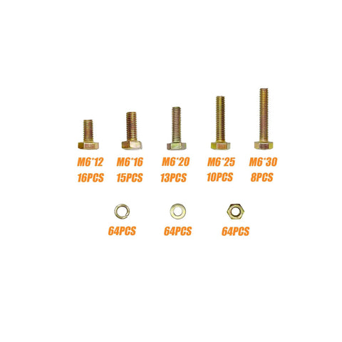 245 Piece M6 Grade 8.8 Nuts And Bolts Kit With Yellow Zinc Finish, showing 5 bolt lengths and quantities, for machinery repairs and DIY.