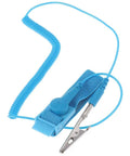 Blue adjustable anti static wrist strap kit with coiled cable for ESD protection and grounding, computer repair component.