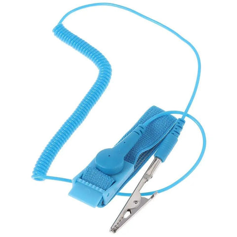 Blue adjustable anti static wrist strap kit with coiled cable for ESD protection and grounding, computer repair component.