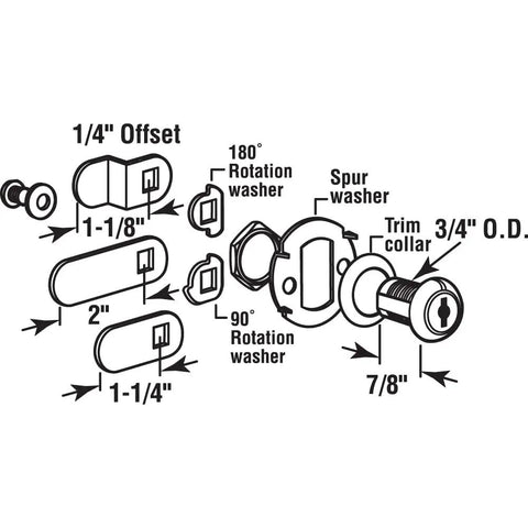 Diagram of Keyed Alike Diecast Drawer And Cabinet Lock For File Cabinets with 3 cams, washers, trim collar, 7/8 inch length.