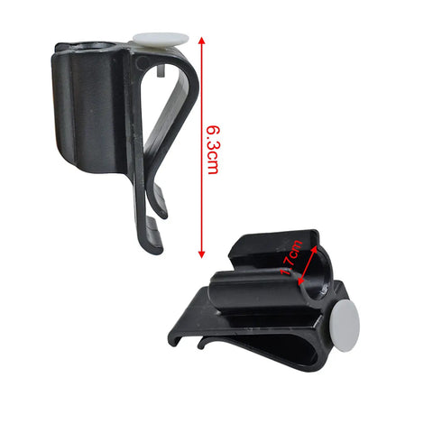 Two Pack Putter Clip Holder For Golf Bag, Putter Clamp Organizer, Durable Plastic Black Golf Accessories For Men And Women, shown in different angles with dimensions.