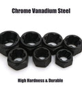 Set of black sockets from the 10 Piece Short Socket Bolt Extractor Set For 9-19mm Nuts, showing chrome vanadium steel material.