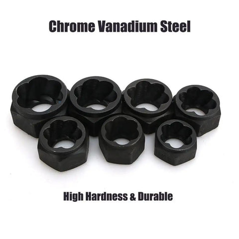 Set of black sockets from the 10 Piece Short Socket Bolt Extractor Set For 9-19mm Nuts, showing chrome vanadium steel material.