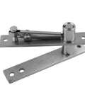 Heavy Duty Stainless Steel Pivot Door Hinge Set Featuring Rock Solid 360 Degree Swinging And No Sweat Floor Mount Adjustment For Wood Floors And Mansions close-up view of hinge.