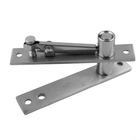 Heavy Duty Stainless Steel Pivot Door Hinge Set Featuring Rock Solid 360 Degree Swinging And No Sweat Floor Mount Adjustment For Wood Floors And Mansions close-up view of hinge.