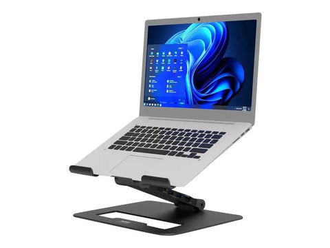 Level Up Your Desk Game With This Slick 2 In 1 Usb C Docking Station And Adjustable Laptop Stand Delivering 85W Power Dual 4K Hdmi Output And Seven Smart Ports, adjustable laptop stand with a laptop in focus.