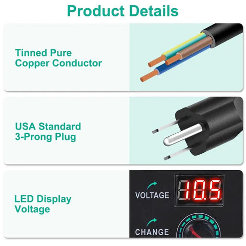 Adjustable DC Power Supply 3V To 24V 3A 72W with LCD, showing tinned copper wires, 3-prong plug, and LED voltage display.