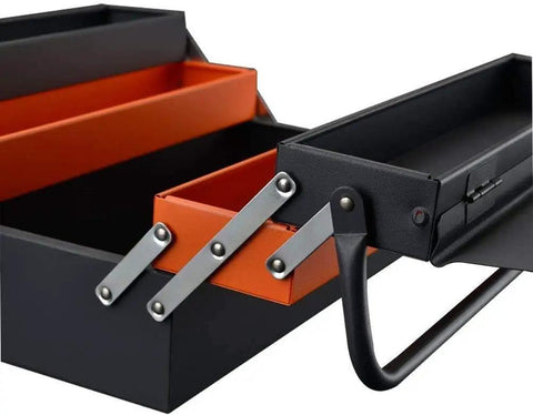 Portable Metal Tool Box With 3 Level Fold Out Cantilever Organizer featuring open drawers and heavy duty steel frame.