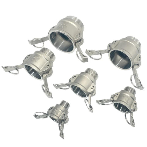 Set of eight stainless steel 316 Type B camlock hose fittings with 2-inch male pipe thread ends.