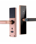WiFi Smart Door Lock With Fingerprint Keyless Entry Electronic Security System App Control Passcode And IC Card Backup Built In Voice Prompt sleek black finish door handle with keypad and biometric reader.