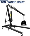 Heavy Duty Hydraulic Engine Hoist Two Ton Folding Shop Crane With Six Heavy Duty Roller Wheels, black steel frame.