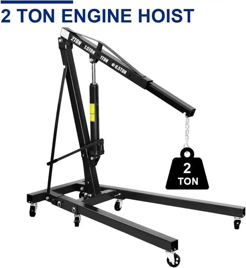 Heavy Duty Hydraulic Engine Hoist Two Ton Folding Shop Crane With Six Heavy Duty Roller Wheels, black steel frame.